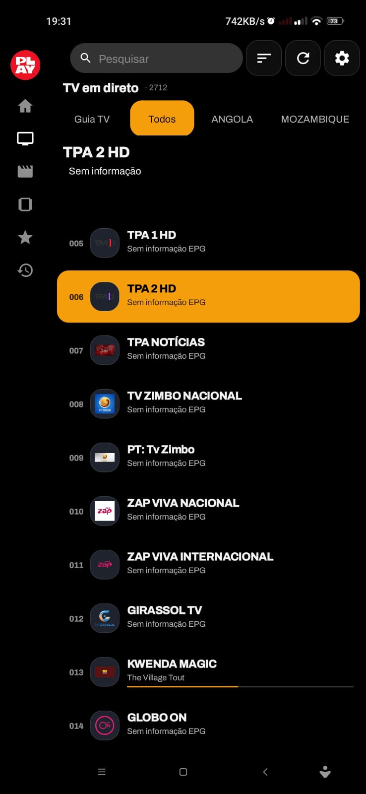 Ecrã da app PLAY: Canais