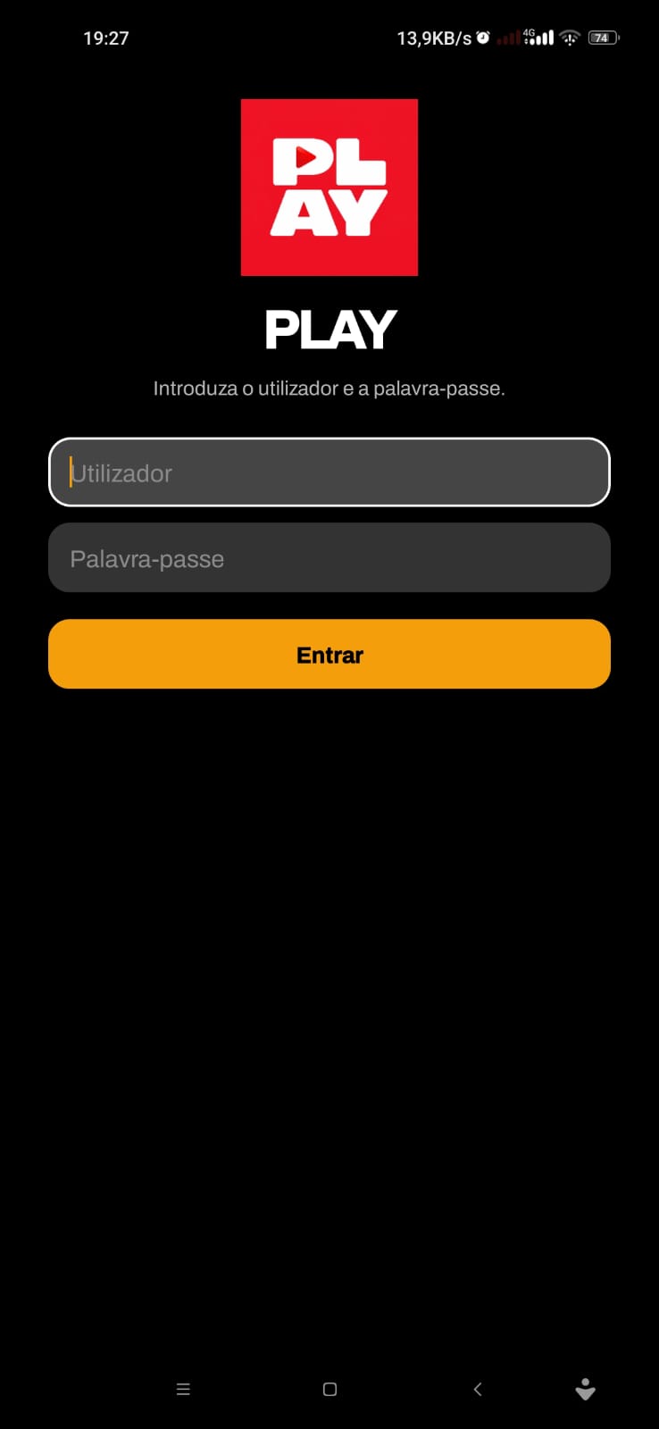Ecrã da app PLAY: Entrar